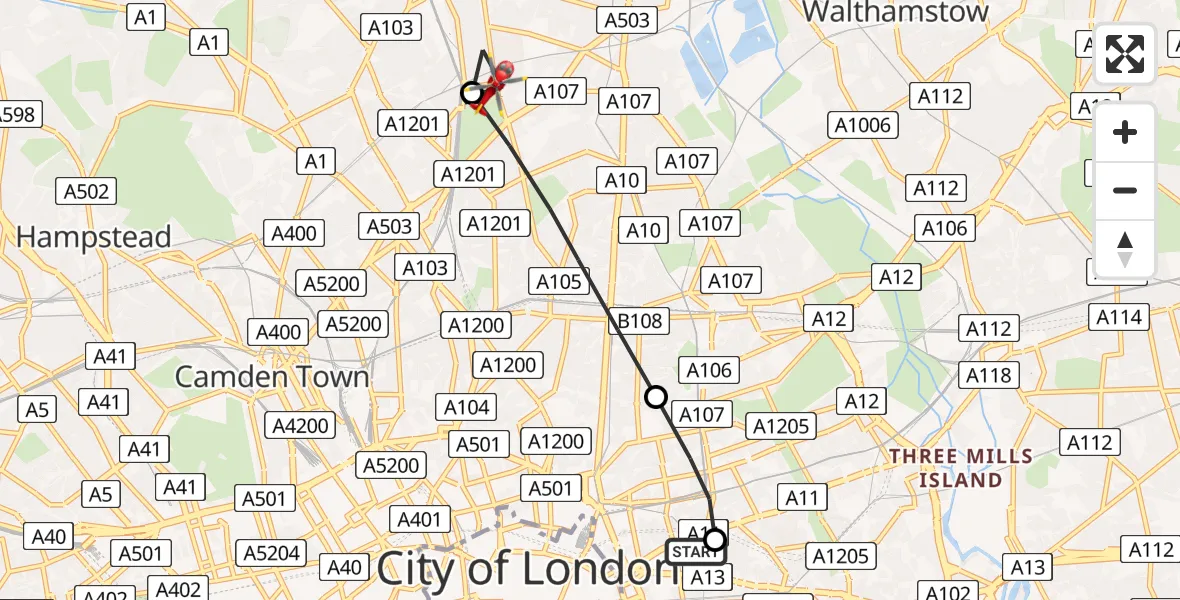 Flight path map showing Air Ambulance Helicopter route from Royal London Hospital to London Borough of Haringey