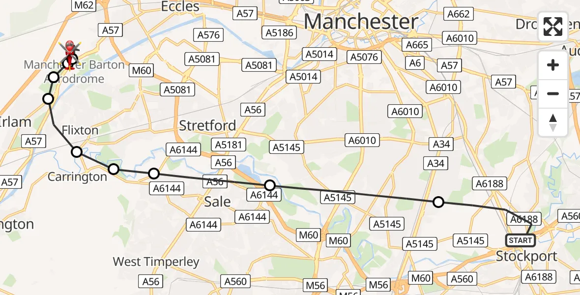 Flight path map showing Air Ambulance Helicopter route from Stockport to Manchester Barton Aerodrome