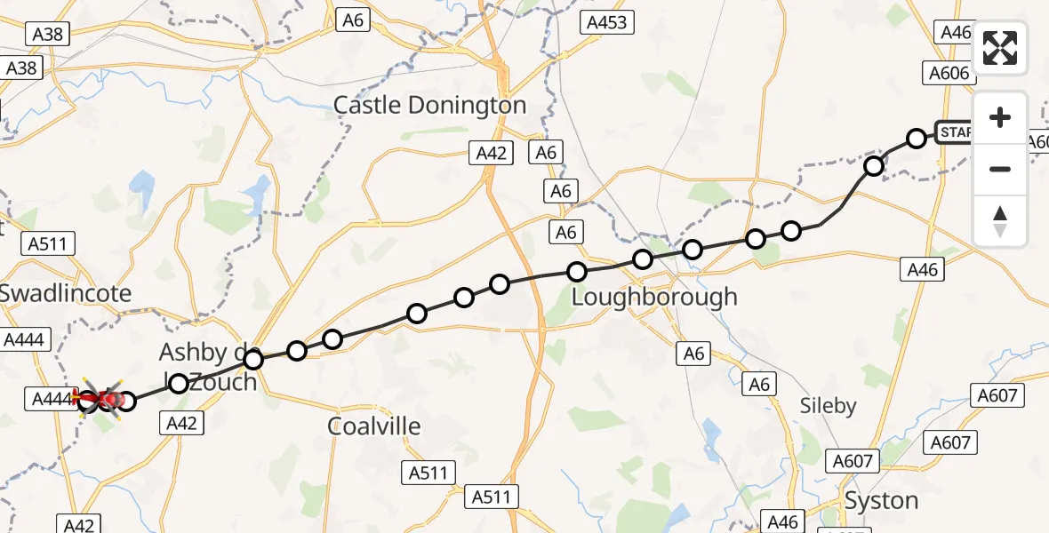 Flight path map showing Air Ambulance Helicopter route from Rushcliffe to Moira