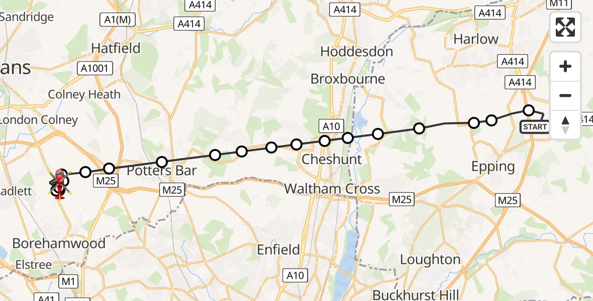 Flight path map showing Air Ambulance Helicopter route from North Weald Airfield to Shenley
