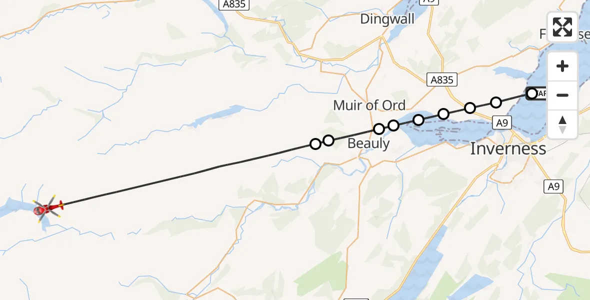 Flight path map showing Air Ambulance Helicopter route from Avoch to Monar Lodge