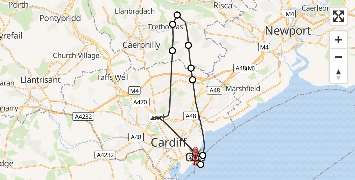 Flight path map showing Air Ambulance Helicopter route from Cardiff Heliport to Cardiff Heliport