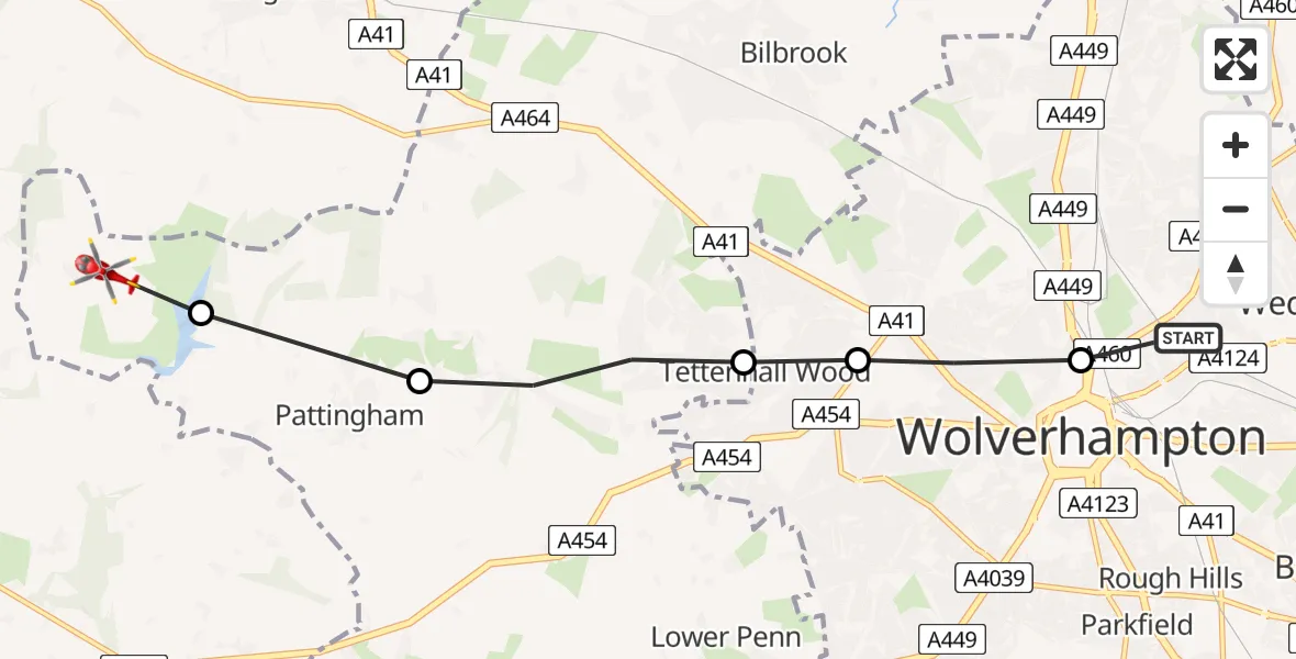 Flight path map showing Air Ambulance Helicopter route from Park Village to South Staffordshire