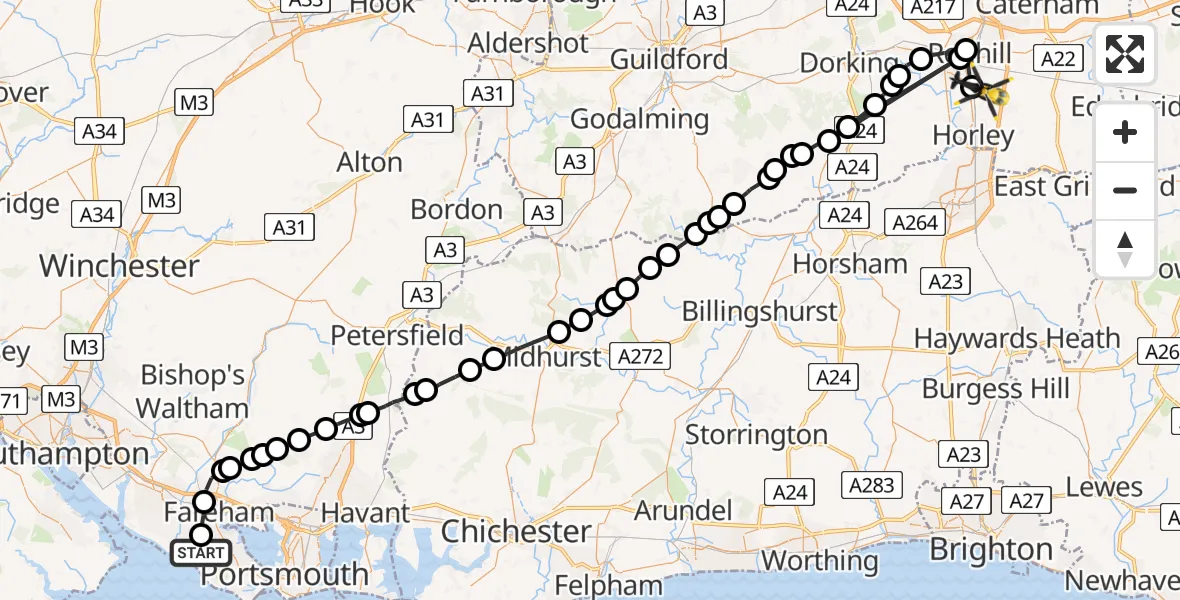 Flight path map showing Police Helicopter route from Solent Airport to Salfords