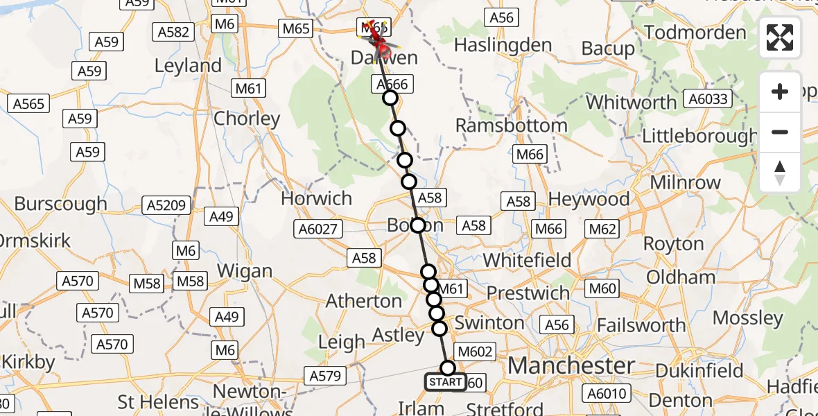 Flight path map showing Air Ambulance Helicopter route from Manchester Barton Aerodrome to Darwen