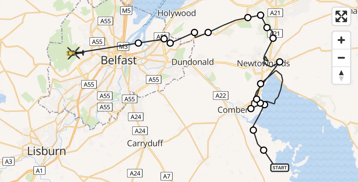 Flight path map showing Police Helicopter route from Ards and North Down District Council to Belfast