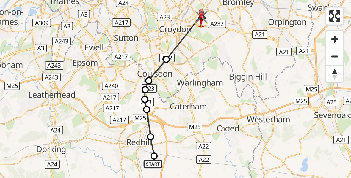 Flight path map showing Air Ambulance Helicopter route from Redhill Aerodrome to London Borough of Croydon