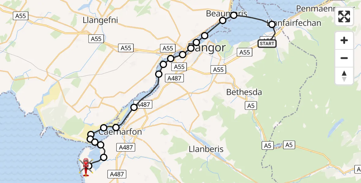 Flight path map showing Air Ambulance Helicopter route from Abergwyngregyn to Caernarfon Airport