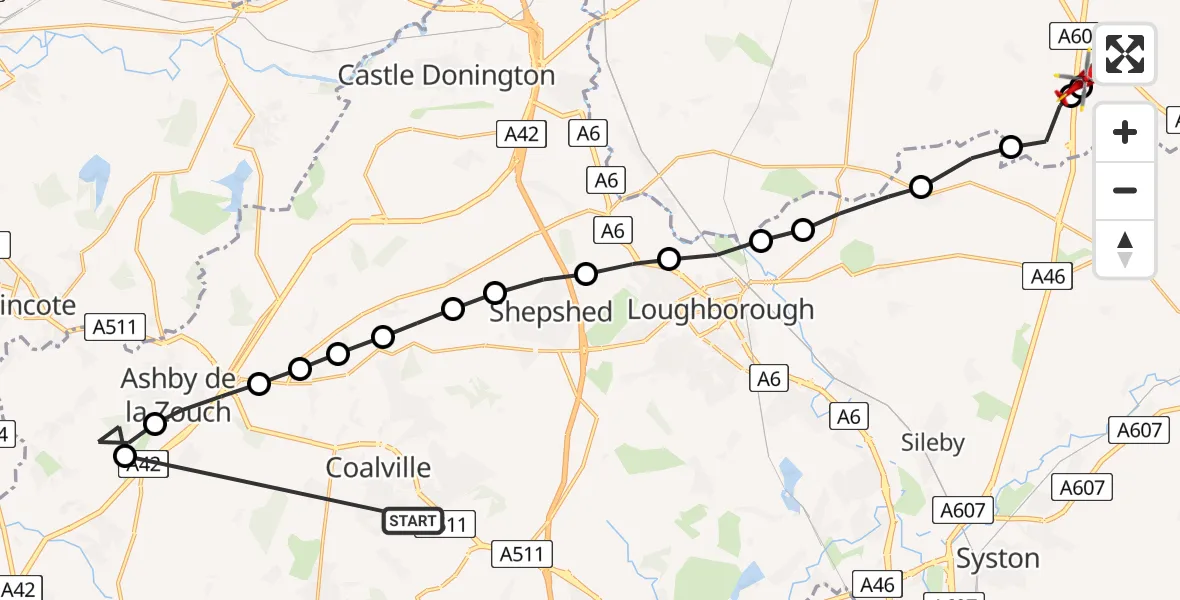 Flight path map showing Air Ambulance Helicopter route from Hugglescote to Nottingham Heliport