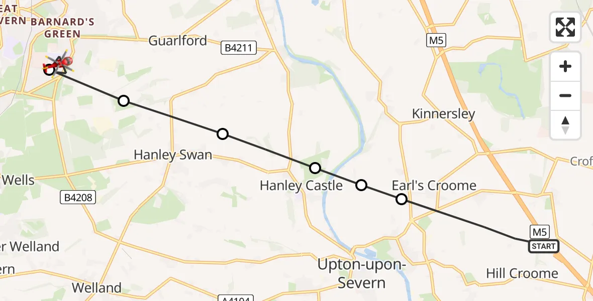 Flight path map showing Air Ambulance Helicopter route from Hill Croome to Malvern