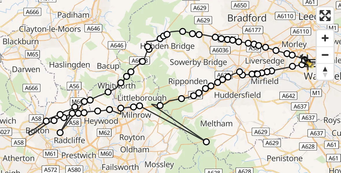Flight path map showing Police Helicopter route from East Ardsley to East Ardsley
