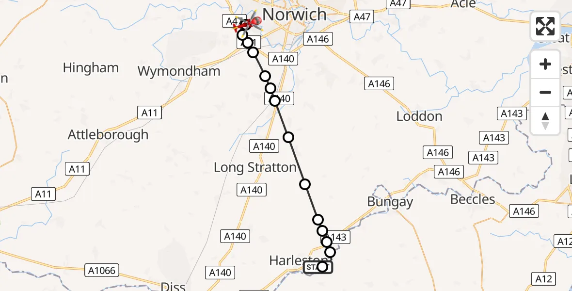 Flight path map showing Air Ambulance Helicopter route from Harleston to Norfolk & Norwich Hospital