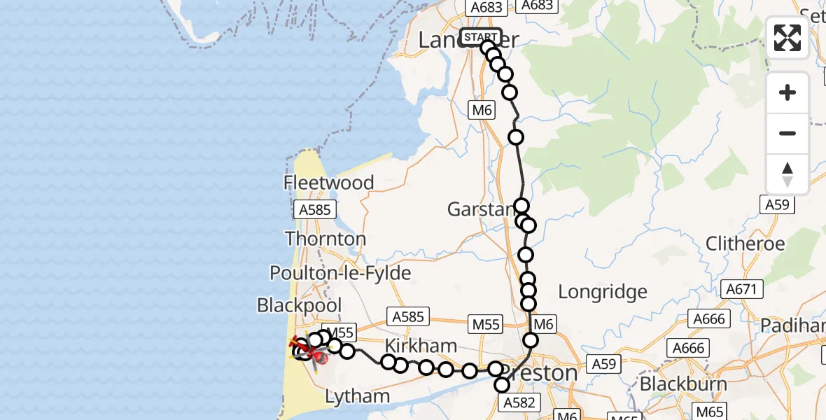 Flight path map showing Air Ambulance Helicopter route from Lancaster to Blackpool Airport