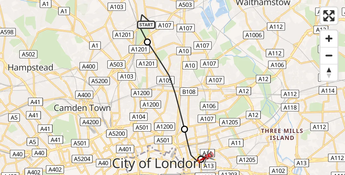 Routekaart van de vlucht: Air Ambulance Helicopter to Royal London Hospital