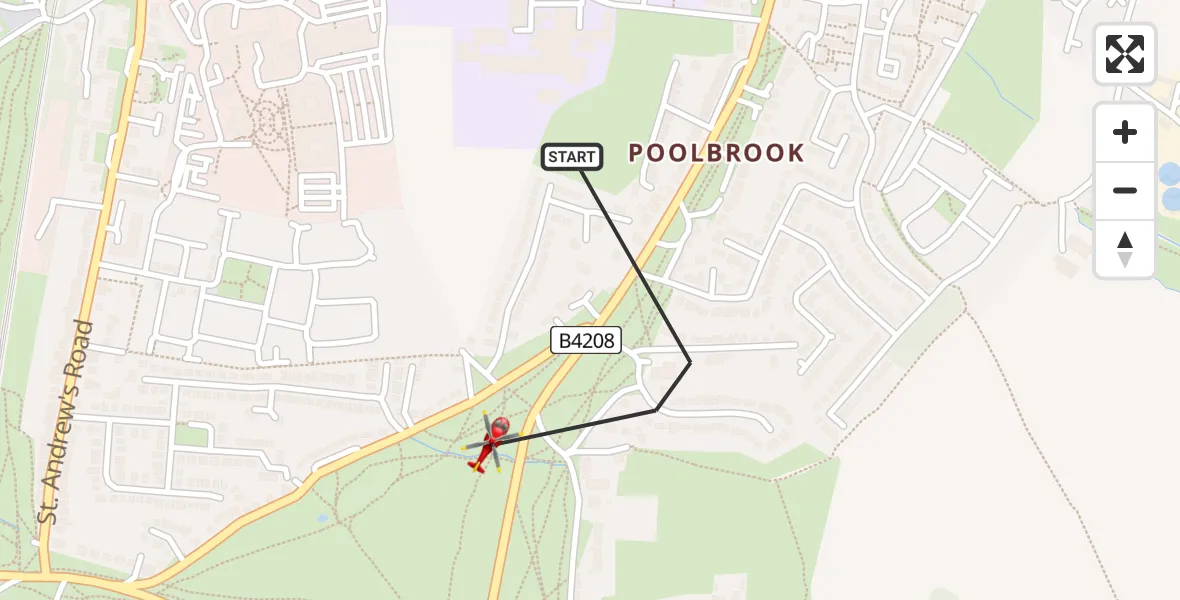 Flight path map showing Air Ambulance Helicopter route from Malvern to Malvern