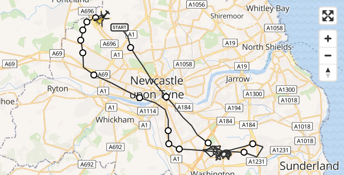Flight path map showing Police Helicopter route from Newcastle upon Tyne to Newcastle International Airport