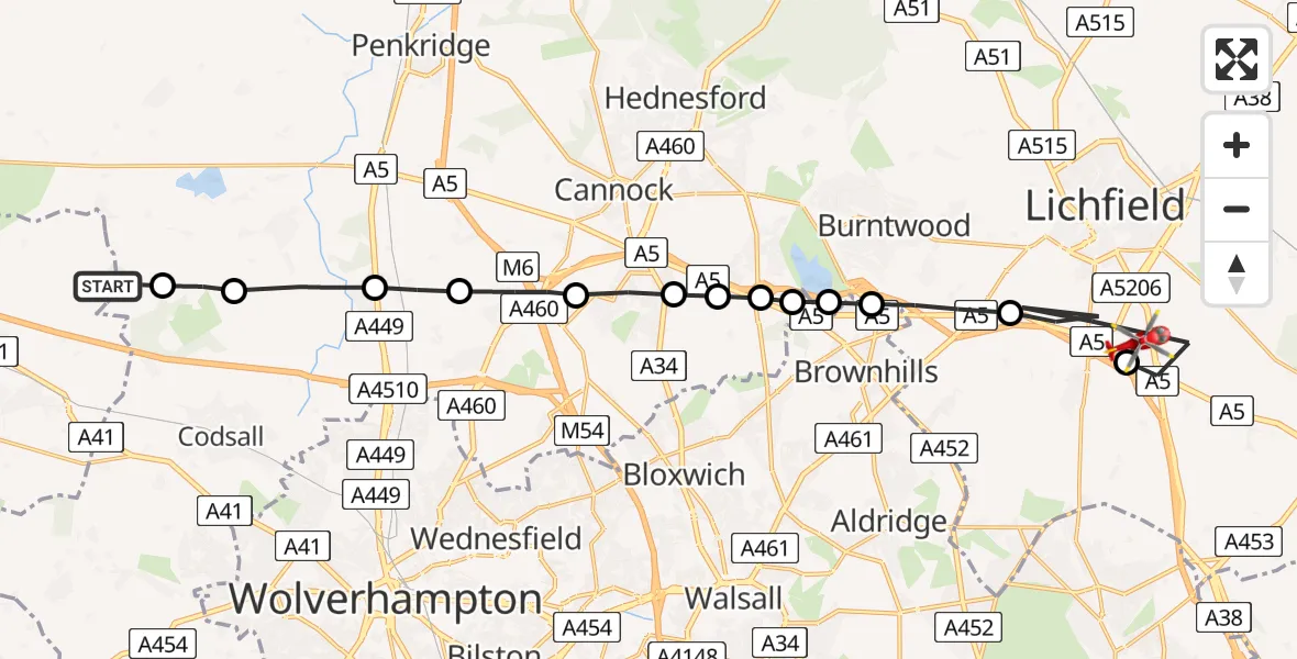 Flight path map showing Air Ambulance Helicopter route from South Staffordshire to Shenstone