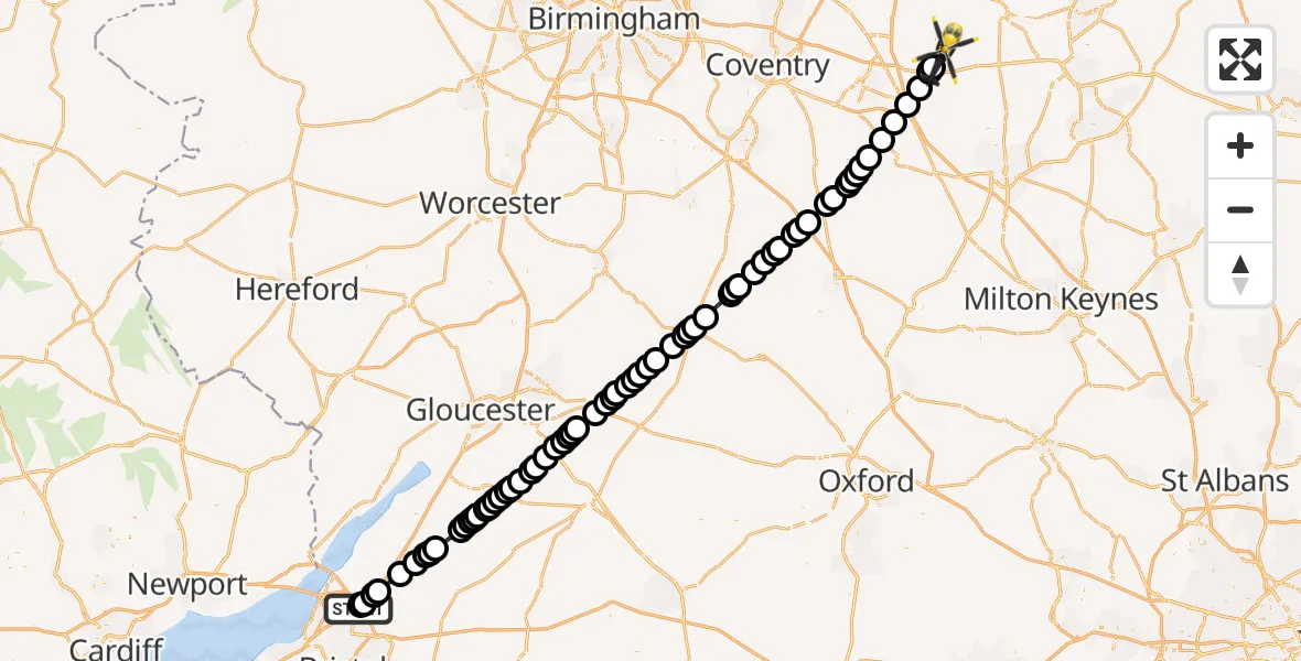 Flight path map showing Police Helicopter route from Almondsbury Helicopter Base to Husbands Bosworth