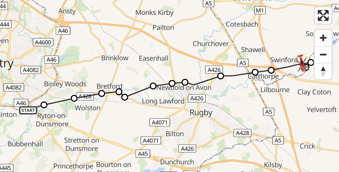 Flight path map showing Air Ambulance Helicopter route from Coventry Airport to Swinford