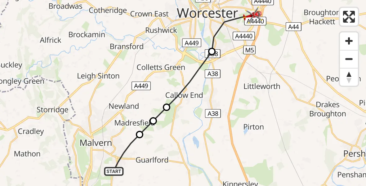 Flight path map showing Air Ambulance Helicopter route from Malvern to Worcester