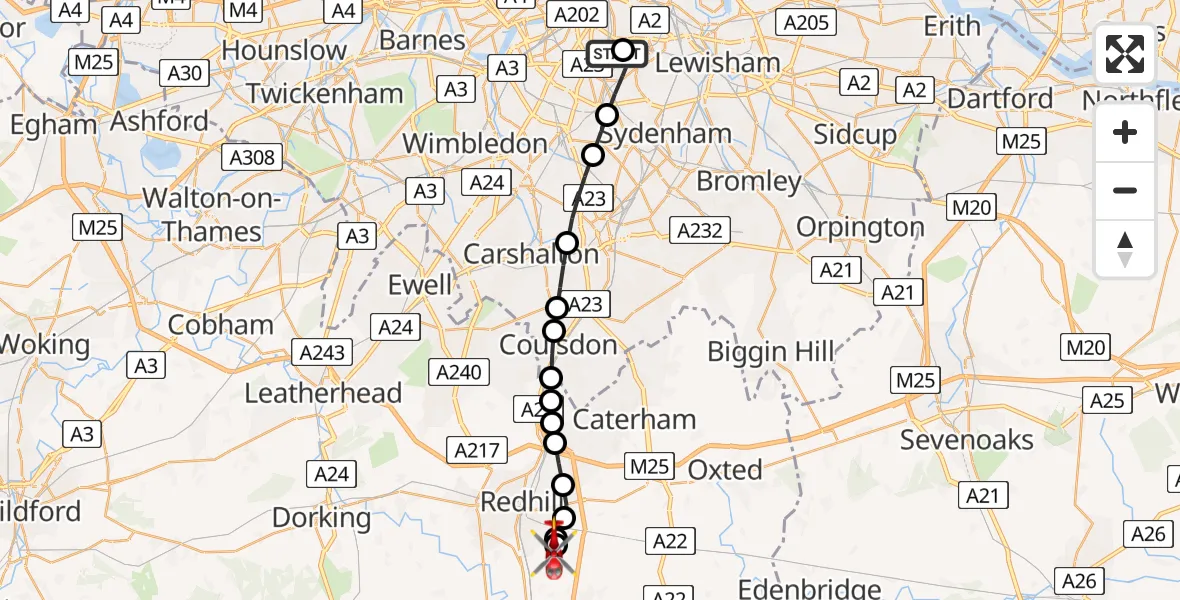 Flight path map showing Air Ambulance Helicopter route from Kings College London Hospital to Redhill Aerodrome