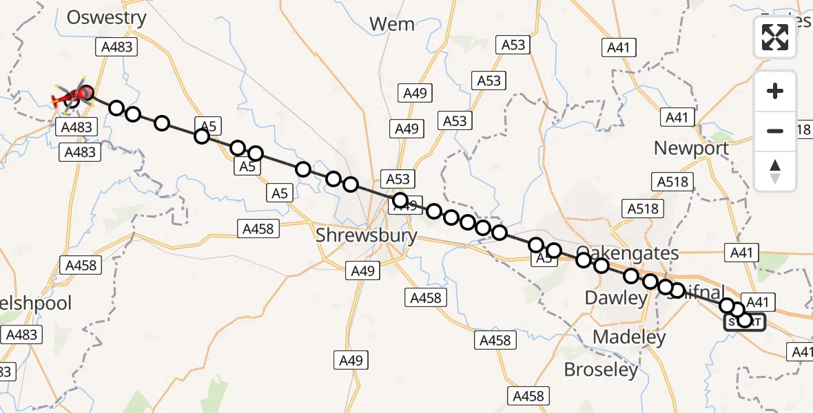 Flight path map showing Air Ambulance Helicopter route from RAF Cosford to Nantmawr