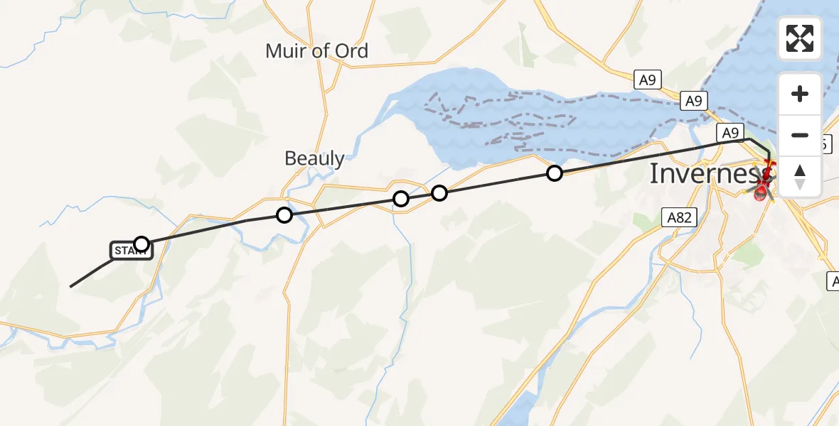 Flight path map showing Air Ambulance Helicopter route from Crask of Aigas to Inverness