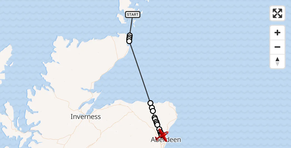 Flight path map showing Air Ambulance Aircraft route from North Atlantic Ocean to Aberdeen International Airport