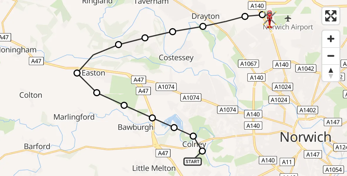 Flight path map showing Air Ambulance Helicopter route from Norfolk & Norwich Hospital to Norwich Airport