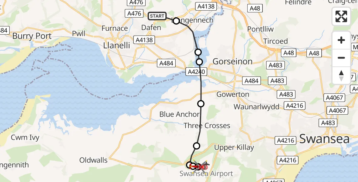 Flight path map showing Air Ambulance Helicopter route from Dafen to Swansea Airport