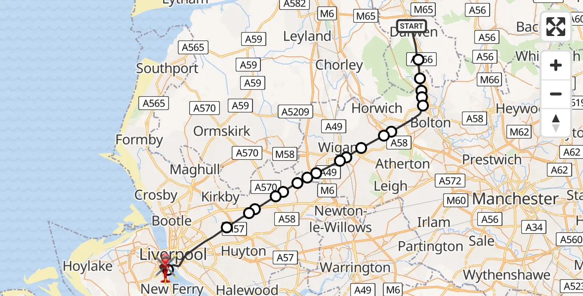 Flight path map showing Air Ambulance Helicopter route from Darwen to Birkenhead