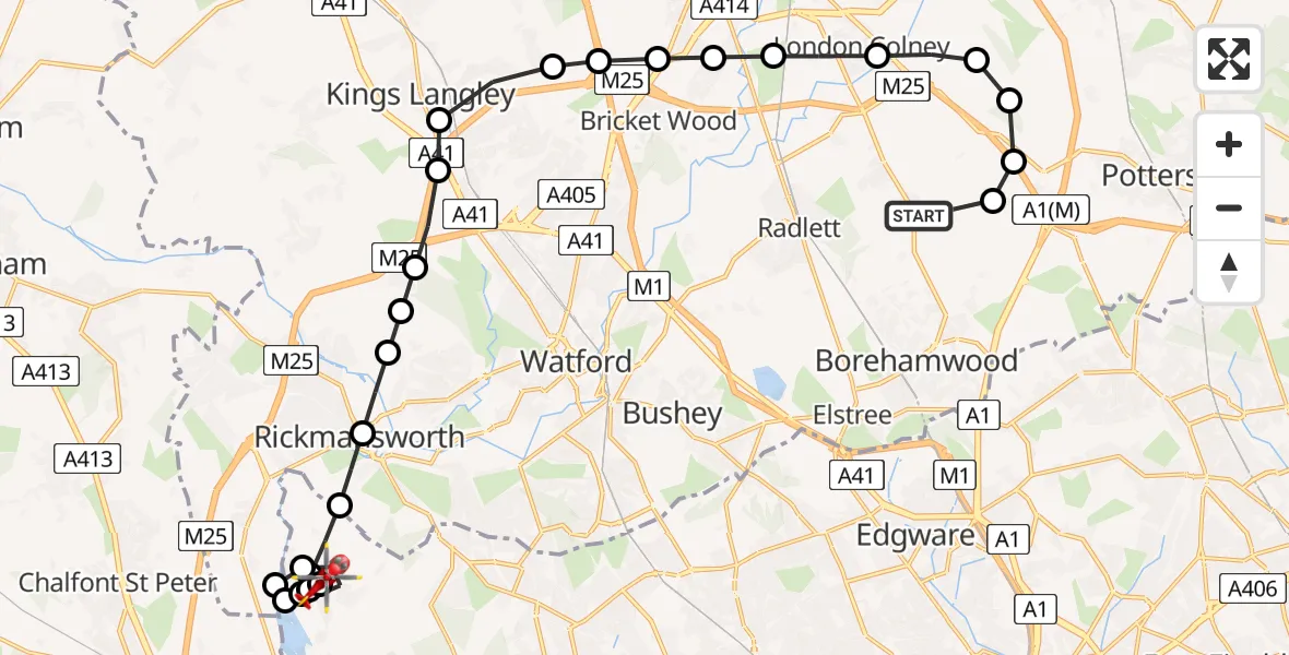 Flight path map showing Air Ambulance Helicopter route from Shenley to Harefield Hospital