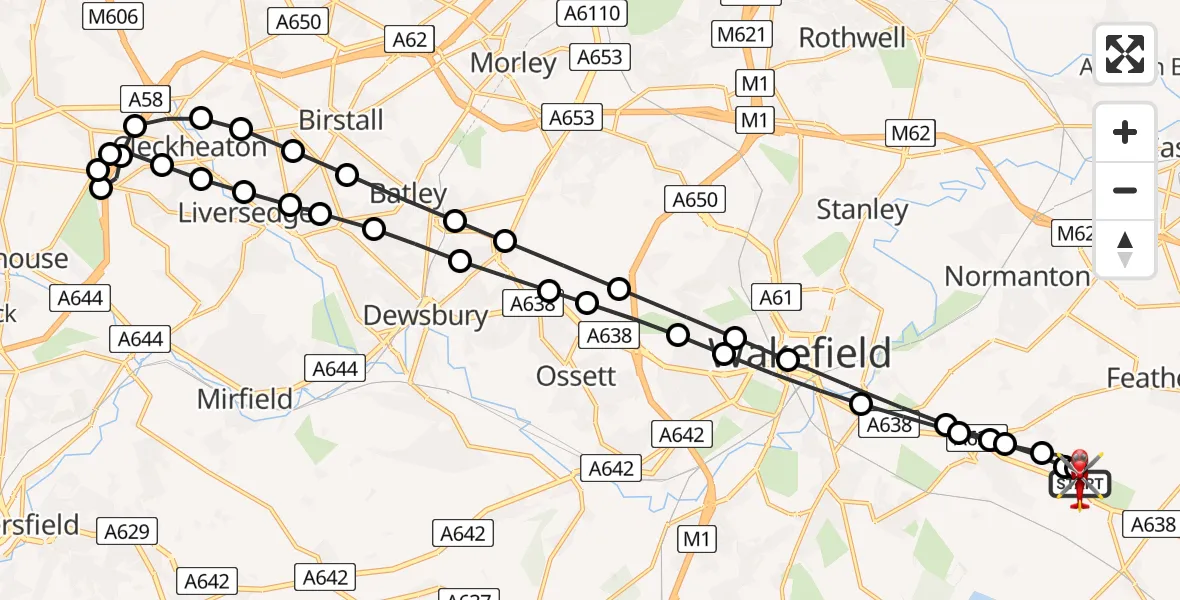 Flight path map showing Air Ambulance Helicopter route from YAA Nostell Helicopter Port to YAA Nostell Helicopter Port