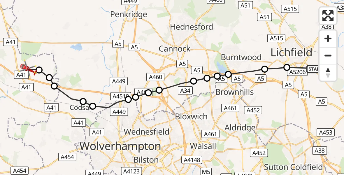 Flight path map showing Air Ambulance Helicopter route from Whittington to Tong
