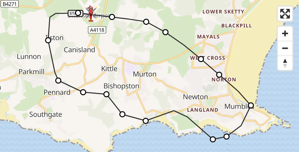 Flight path map showing Air Ambulance Helicopter route from Swansea Airport to Swansea Airport