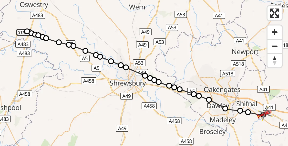 Flight path map showing Air Ambulance Helicopter route from Nantmawr to Tong