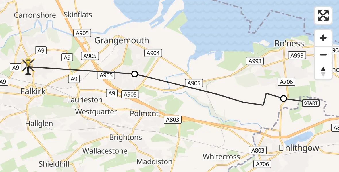 Flight path map showing Police Helicopter route from Bo'ness to Falkirk
