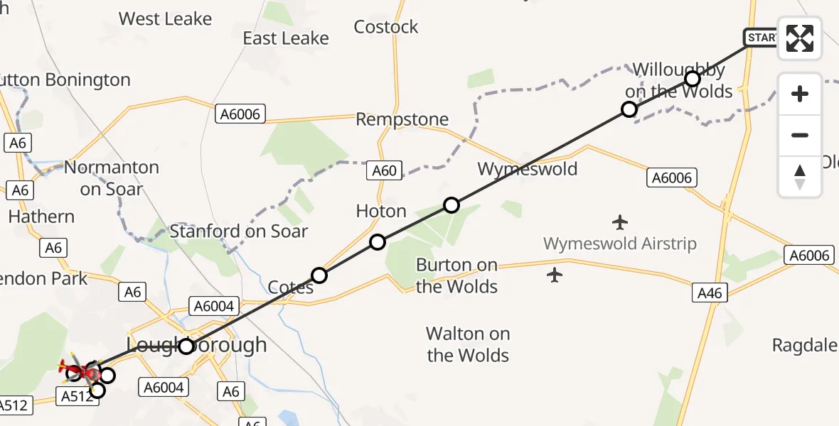 Flight path map showing Air Ambulance Helicopter route from Rushcliffe to Loughborough