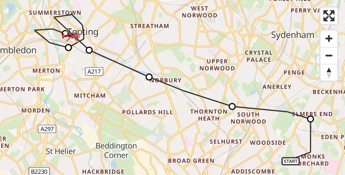Flight path map showing Air Ambulance Helicopter route from London Borough of Croydon to St Georges Hospital