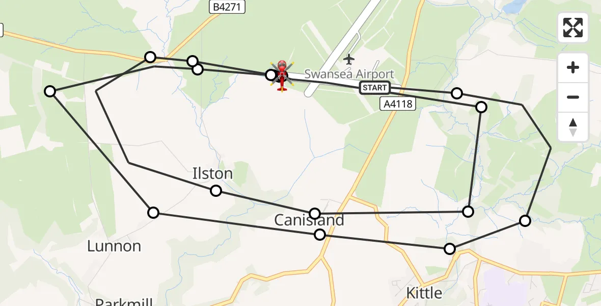 Flight path map showing Air Ambulance Helicopter route from Swansea Airport to Swansea Airport