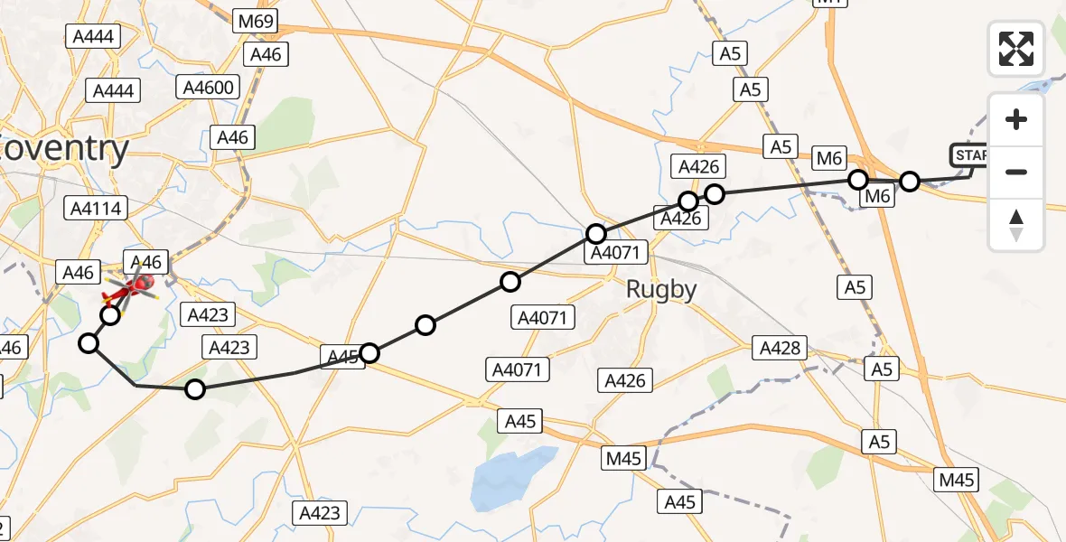 Flight path map showing Air Ambulance Helicopter route from Stanford on Avon to Coventry Airport