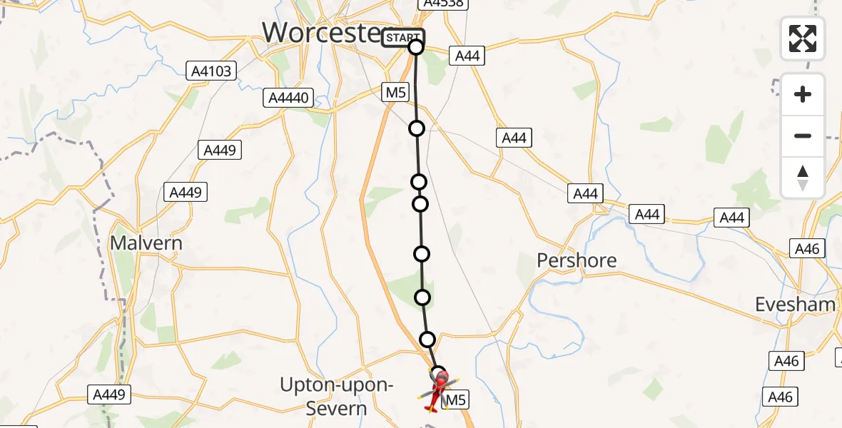 Flight path map showing Air Ambulance Helicopter route from Worcester Royal Hospital to Hill Croome