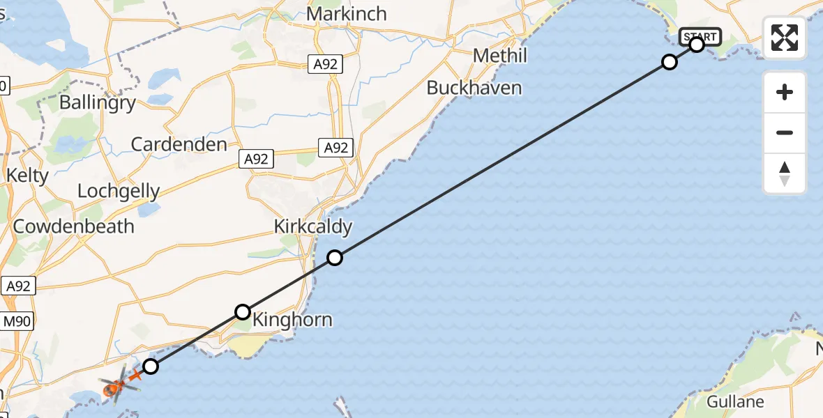 Flight path map showing Coastguard Helicopter route from Colinsburgh to Aberdour