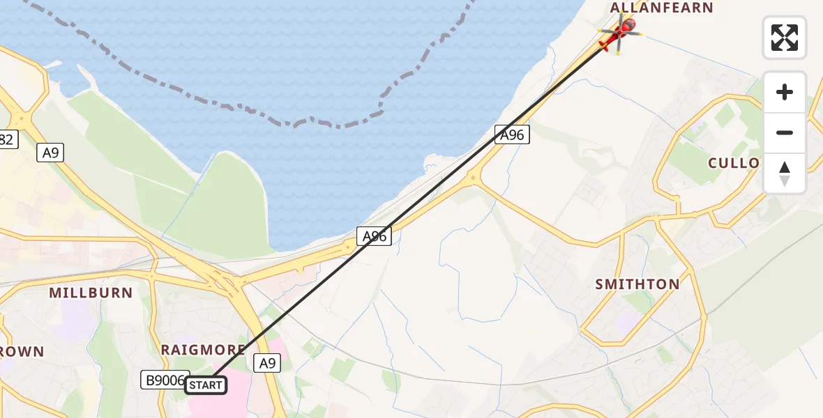 Flight path map showing Air Ambulance Helicopter route from Inverness to Inverness