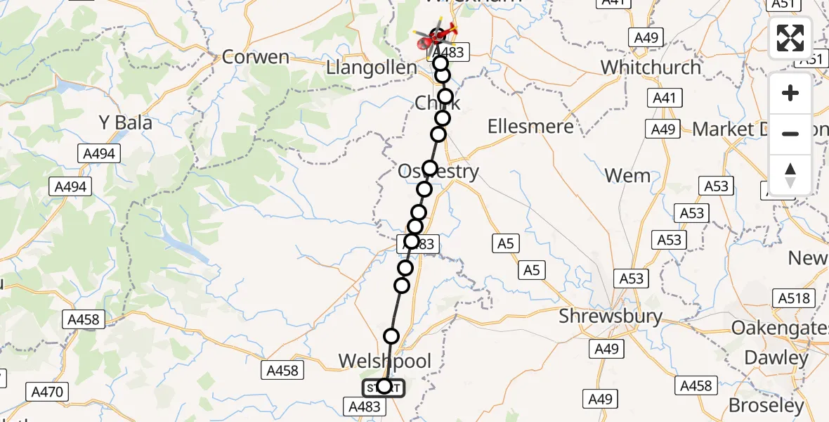 Flight path map showing Air Ambulance Helicopter route from Welshpool Airport to Rhosllanerchrugog