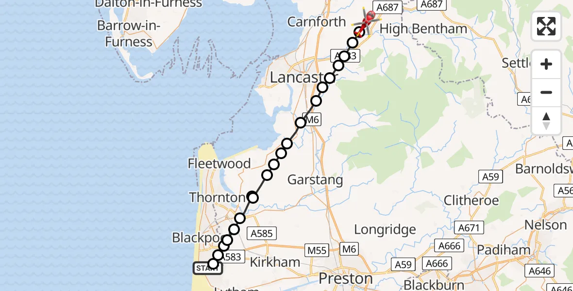 Flight path map showing Air Ambulance Helicopter route from Blackpool Airport to Gressingham