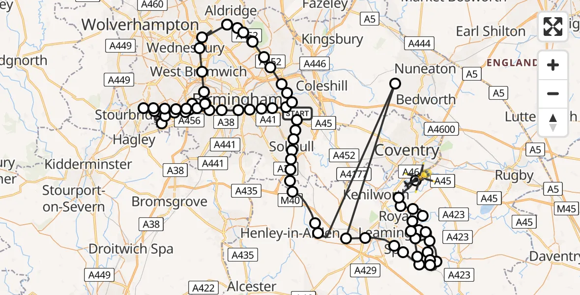 Flight path map showing Police Helicopter route from Birmingham Airport to Coventry Airport
