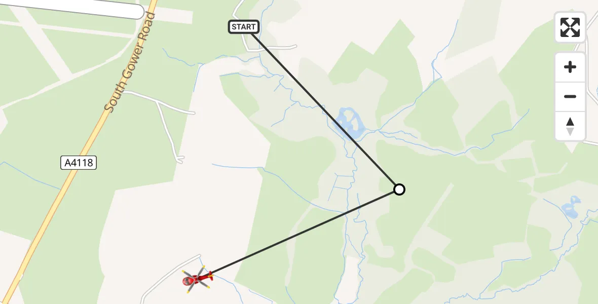 Flight path map showing Air Ambulance Helicopter route from Swansea Airport to Kittle