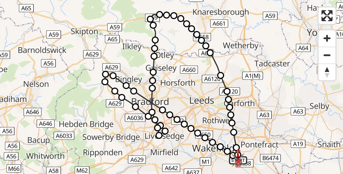 Flight path map showing Air Ambulance Helicopter route from YAA Nostell Helicopter Port to YAA Nostell Helicopter Port