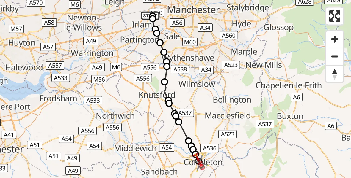 Flight path map showing Air Ambulance Helicopter route from Manchester Barton Aerodrome to Congleton